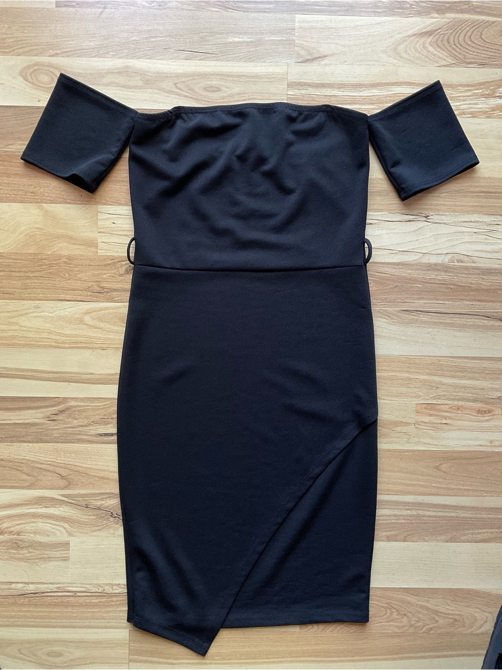 Off the Shoulder Black Bodycon Mini Dress with Asymmetrical Hemline